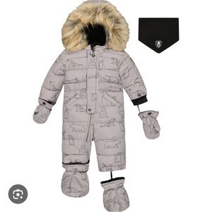 Deux par Deux Artic Friends Print One-Piece Baby Snowsuit, Silver Grey